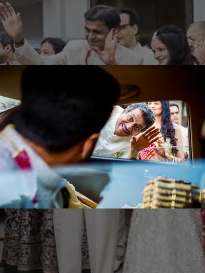 The Vidaai, or farewell ceremony. This emotional collage captures the parents waving goodbye as the couple departs in their car.