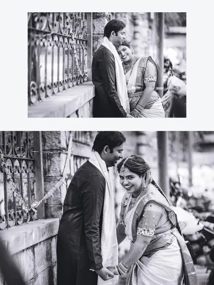 A candid black and white collage of the couple sharing a laugh. These unposed moments often become the most cherished memories.