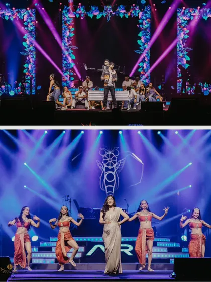 A diptych showcasing the incredible dancers and performers who shared the stage with A.R. Rahman, adding to the visual spectacle of the concert.