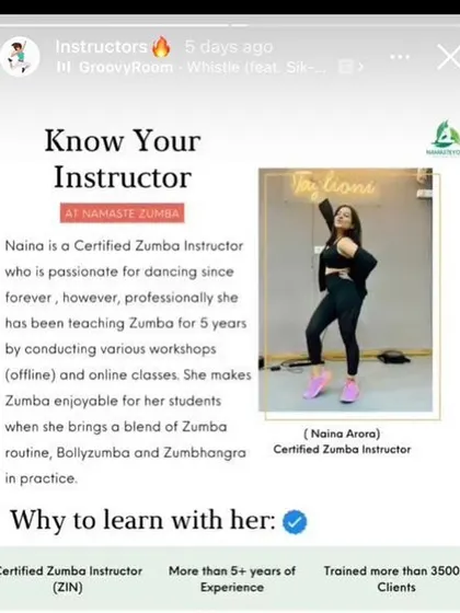 A little bit about me! I am a certified Zumba (ZIN) instructor with over 5 years of experience. My passion is to blend different styles like Bollyzumba and Zumbhangra to make every class unique.