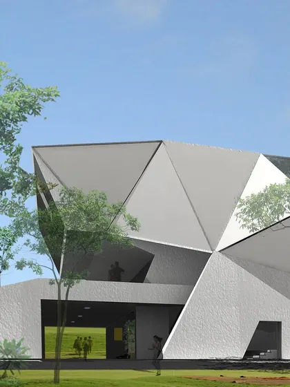 A 3D render of an early concept for the JNC Auditorium, translating the faceted sketch into a more defined architectural form.