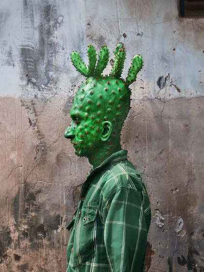 A side profile of a 'Cactogenesis' mutation, showing the cactus growing out of the person's head and face.