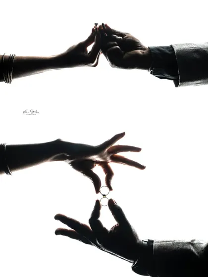 A creative collage of silhouette shots focusing on the hands and rings. These detail shots are a beautiful and symbolic way to tell the story of your commitment.