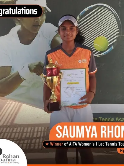 We celebrate Saumya Ronde for her phenomenal victory at the AITA Women's 1 Lac Tennis Tournament in Hyderabad. We are proud to have such talented and dedicated players at our academy.