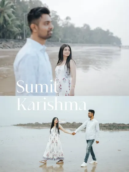 An album-style layout introducing Sumit and Karishma with two distinct shots that capture both a thoughtful and a joyful moment from their beach pre-wedding shoot.