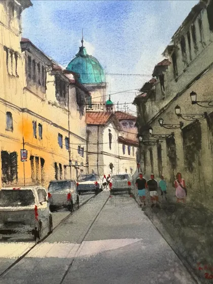 A street in Florence, painted in watercolor on a half imperial sheet of Baohong cold press paper. Capturing the light and shadow on the historic buildings brings back wonderful memories of my trip to Italy.