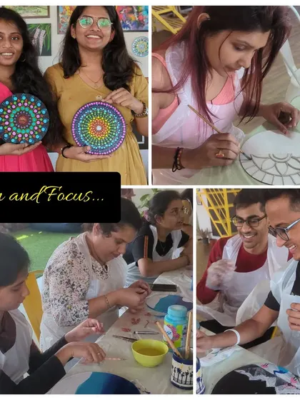 A collage showing the fun and focus of our workshops, with participants creating beautiful dot mandalas and Lippan art.