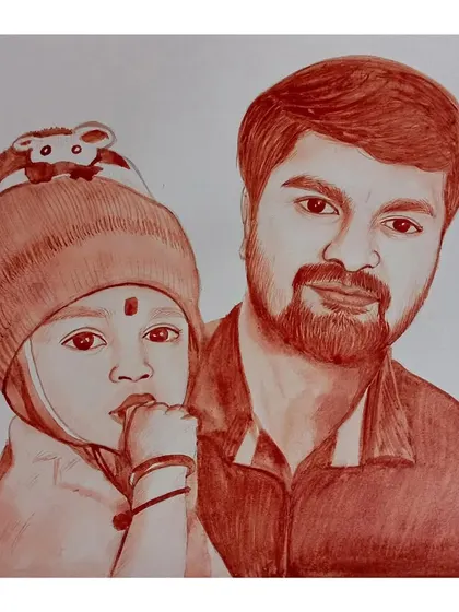 A blood portrait of a father and his young child. The artwork captures the child's curious expression and the father's gentle hold.