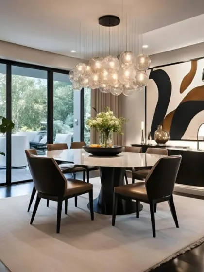 This is the same dining room as media ID 18, shown from a different angle to highlight the round table and its relationship to the open-plan layout. The abstract art and bubble chandelier remain key features of the design.