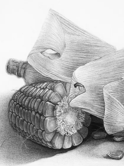 A detail of the other side of the composition, focusing on the translucent, papery husk of the corn.