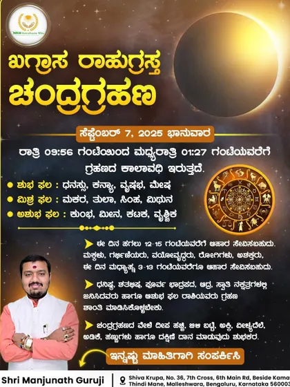 (Kannada) This poster provides information about the lunar eclipse of September 7, 2025. I have detailed the timings and the positive, mixed, and negative effects on different zodiac signs.