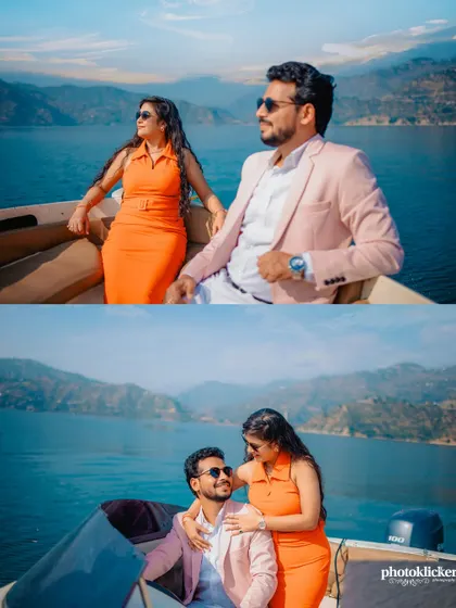A two-photo collage from a pre-wedding shoot on Tehri Lake, showing the couple enjoying the boat ride and the stunning scenery.