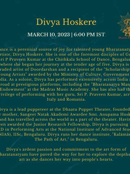 An announcement for my performance at the prestigious Jharna 2023 festival hosted at Bharatakalanjali. It is an honor to be recognized as a dancer who explores the depths of art.