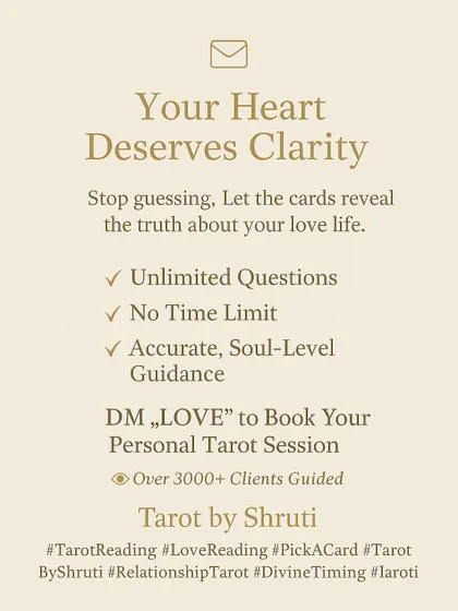 Your heart deserves clarity. This graphic outlines the key features of my personal sessions: unlimited questions, no time limit, and accurate, soul-level guidance, with a clear call to action to book.