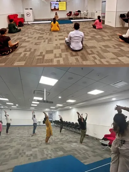 A composite image showing both seated meditation and dynamic standing poses from a Power Yoga session with British Telecom.