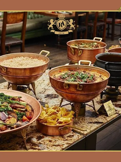 Another view of my elegant buffet setup using traditional copper serving bowls. This style adds a touch of Indian royalty to your event, making the dining experience truly special.