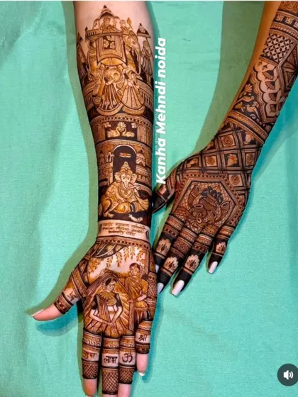This design combines a couple on a swing with a Ganesha portrait and other wedding scenes, creating a rich tapestry of the bride's story.