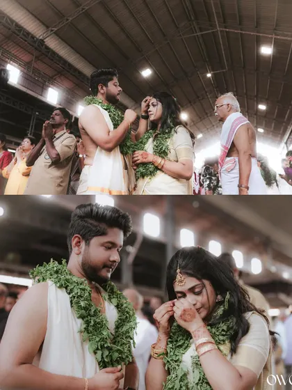 A collage capturing the emotional moments of the Thalikettu ceremony, a key ritual in a Hindu wedding.