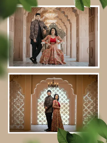 A pair of regal portraits within a palace setting, featuring ornate arches and chandeliers. This shows how I capture both seated and standing poses for a complete royal look.