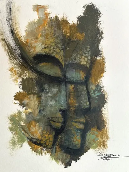 An abstract portrait using acrylic on paper, with heavy textures and earthy tones to create a mask-like face.