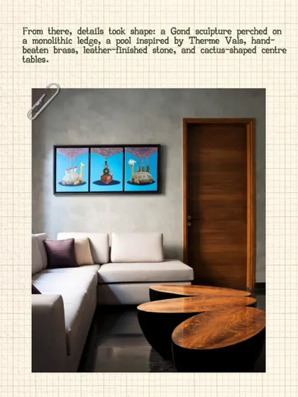 a living area in the Kumar Residence, featuring a modern sectional sofa, cactus-shaped center tables, and a triptych of Gond art. The design balances contemporary forms with traditional Indian art and craft.