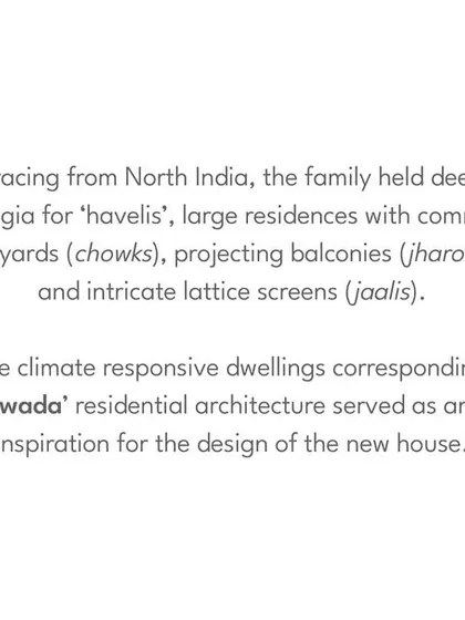 Text explaining the inspiration behind 'The Light House': the family's nostalgia for traditional 'havelis' with their communal courtyards ('chows'), projecting balconies ('jharokhas'), and lattice screens ('jaalis').