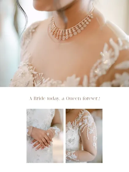 A collage of the bride's jewelry and dress details. The close-ups of her necklace, ring, and the delicate lacework on her sleeves highlight the elegance of her bridal ensemble.