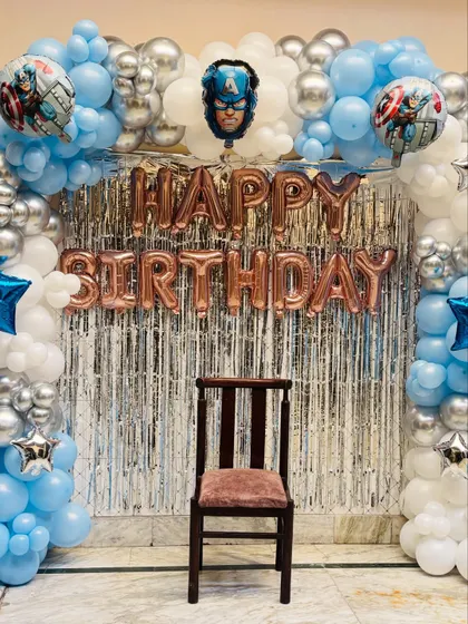 A closer look at the Captain America themed birthday backdrop, perfect for photos.