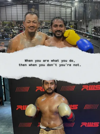 A collage showing the journey of Nak Muay Aditya. From training with legends to competing, he embodies the spirit of a dedicated martial artist.
