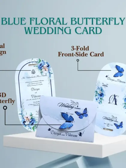 It’s all in the details. This blue floral butterfly wedding card features a 3-fold design with a 3D butterfly for a whimsical and charming effect.
