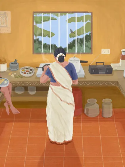 An illustration by Vinay Ganesh from our book, 'Memories on a Plate'. We've spent months collecting 100 memories from Indian kitchens, told through essays, recipes, poetry, and art.