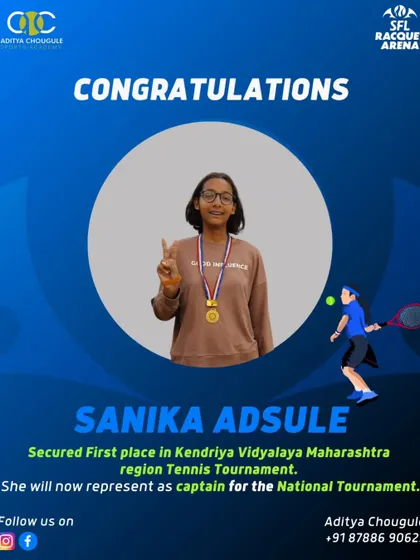 Congratulations to Sanika Adsule for securing first place in the Kendriya Vidyalaya Maharashtra region Tennis Tournament. She will now represent her region as captain at the National Tournament.