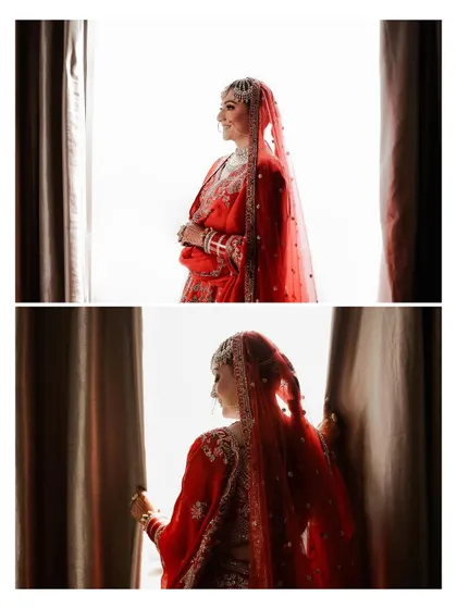 A collage of the bride by the window, playing with the curtains and light. These images have a soft, ethereal quality, capturing moments of quiet anticipation.