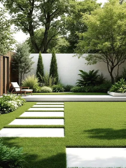 A modern garden design featuring a pristine lawn and a pathway of large, white rectangular pavers. The clean lines and minimalist planting create a contemporary and tranquil atmosphere.