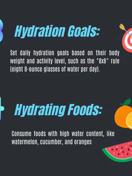Set daily hydration goals based on your activity level. You can also eat your water by consuming hydrating foods like watermelon and oranges.
