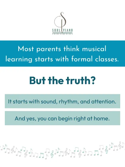 Many parents believe musical learning starts with formal lessons, but the journey truly begins at home. This graphic explains that the foundation is built with simple explorations of sound and rhythm, long before the first class.