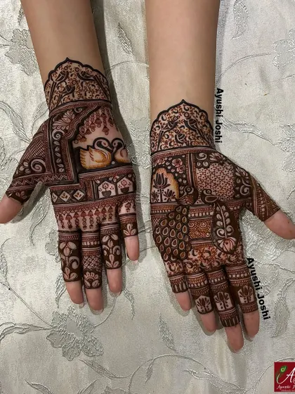 The full two-hand view of the groom's sister's mehendi, showing how the different traditional elements create a cohesive and beautiful design.
