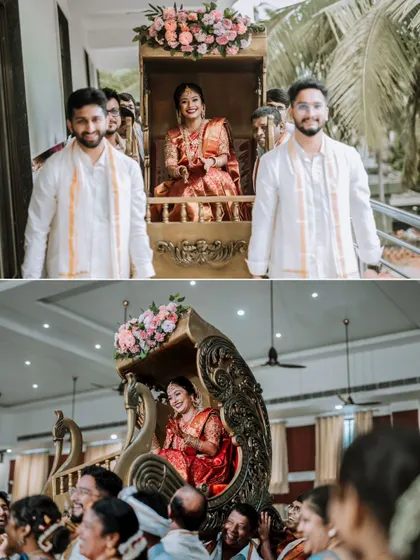 A collage showing the bride's grand entrance in a palanquin, a royal and traditional element of some weddings.