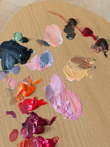 A close-up of my oil paint palette. This beautiful, chaotic mix of colors is where every painting begins. What a privilege it is to paint.