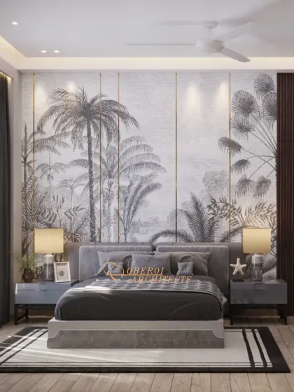 This bedroom features a stunning tropical-themed wallpaper, creating a unique and artistic focal point that brings a sense of nature indoors.