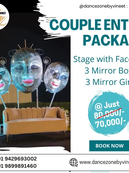 This is our unique Mirror Boy and Mirror Girl couple entry package. It includes a custom stage setup with reflective face art and performers in mirror costumes, creating a futuristic and glamorous photo opportunity.