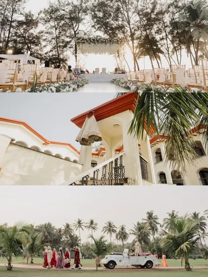 A collage capturing the stunning beachside venue, the Baraat arriving in a vintage car, and the beautiful mandap setup.