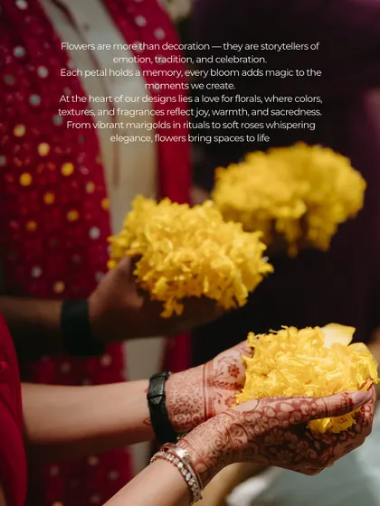 'Flowers are more than decoration, they are storytellers.' This image captures the essence of traditional Indian weddings, with hands full of vibrant yellow marigold petals, ready for ritual and celebration.