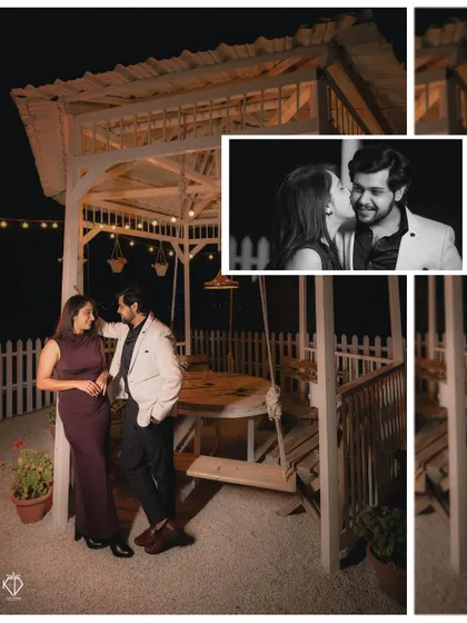 A creative collage showing the couple in a beautifully lit gazebo at night, with an inset photo capturing an intimate kiss.