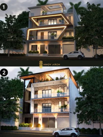 Which facade design do you prefer? Here, I present two distinct modern elevation options for the same building, showcasing my versatility in creating unique architectural styles tailored to client preferences.