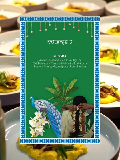 The "Mogra" menu card displayed over the plated dishes, showing how the visual story connects to the final culinary creation.