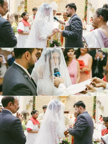 The exchange of vows and rings during the church ceremony. These close-up shots focus on the sacred promises being made between the couple.
