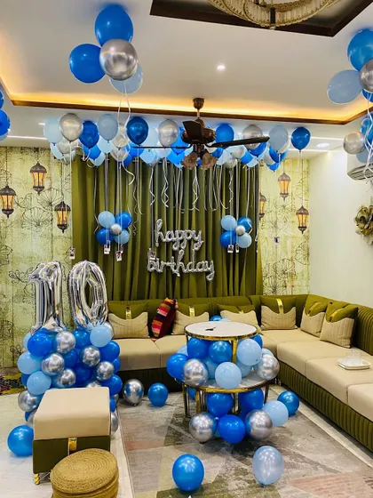 Another view of the blue and silver themed home birthday decoration.