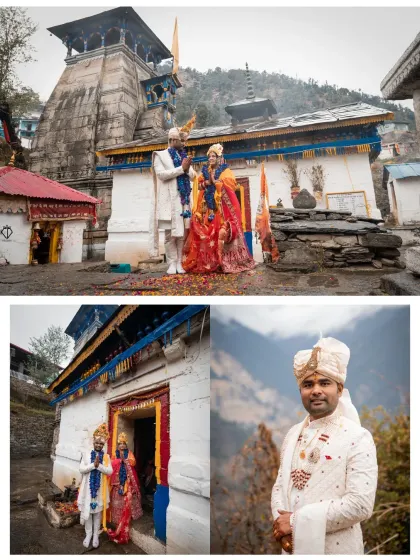 A collage showcasing the couple's portraits and the grandeur of the Triyuginarayan temple, telling a complete story of their sacred wedding.