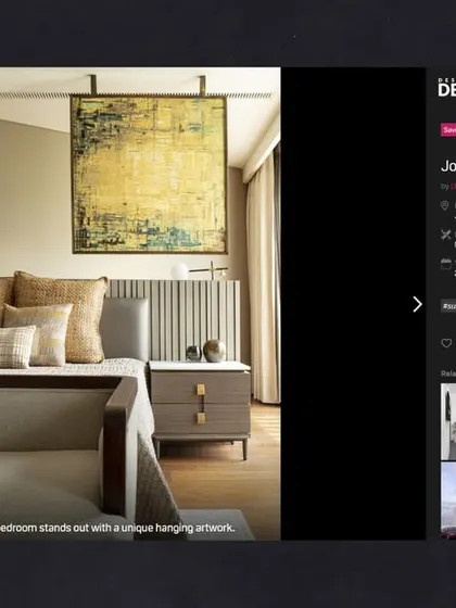 The master bedroom of the Jor Bagh Residence, featured on Design Dekko. The unique hanging artwork and serene atmosphere were highlighted as key design elements.